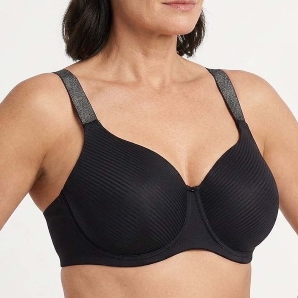 Vanity Fair Black Pinstripe Full Coverage Bra Shimmer Straps 38DD